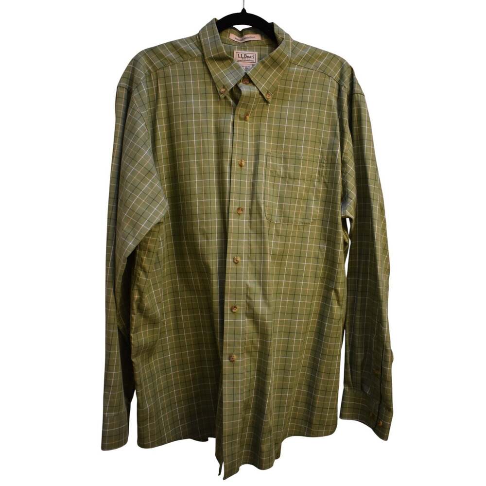 L.L. BEAN Button Down Cotton Shirt 0KHH5 - Light Green Check - Mens Large